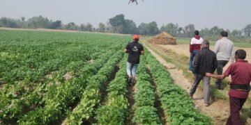 किसानों के खेतों पर ड्रोन से नैनो यूरिया का छिड़काव का प्रदर्शन किया गया